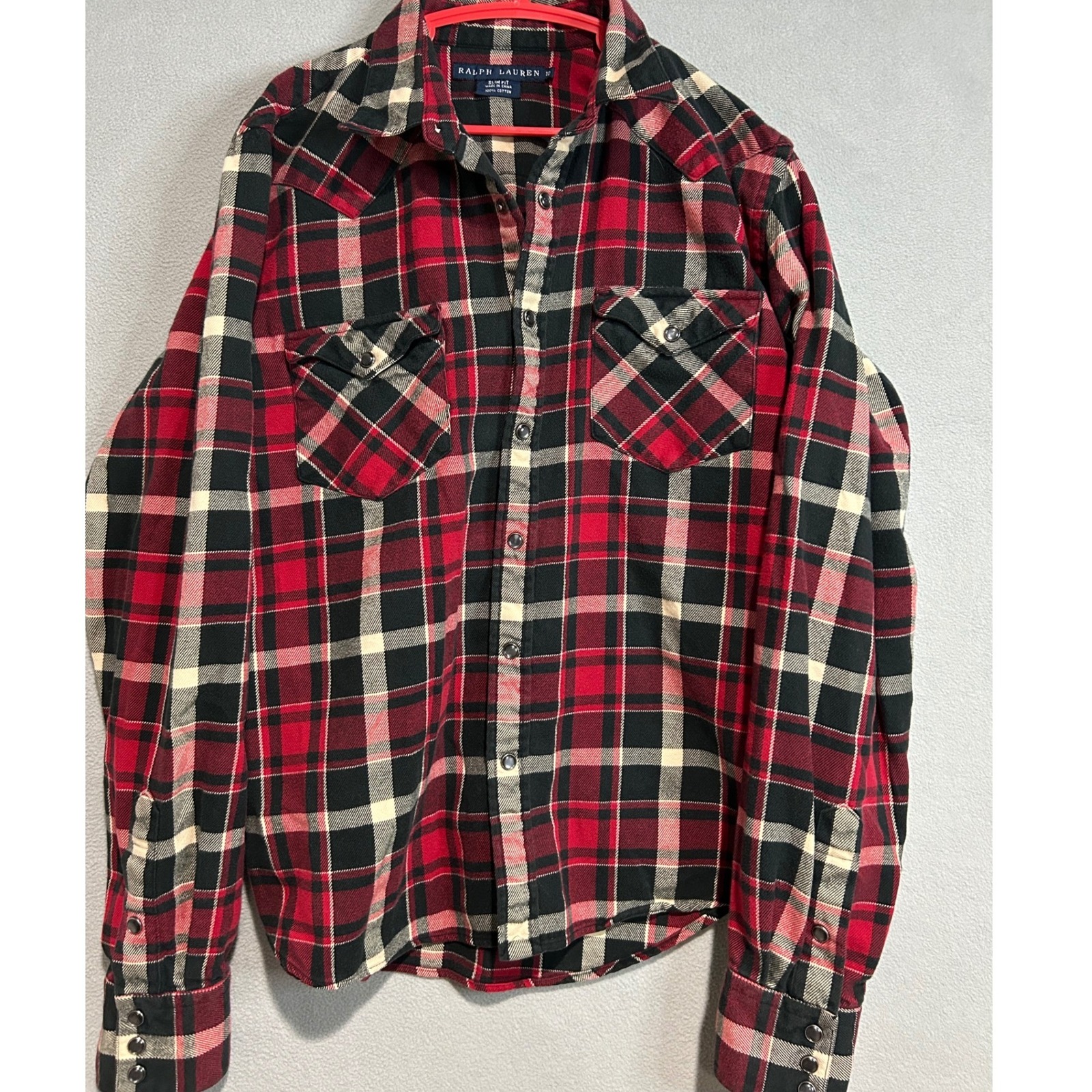 Ralph Lauren Snap Front Plaid Shirt Kids Size 10 Red Black Slim Fit Western